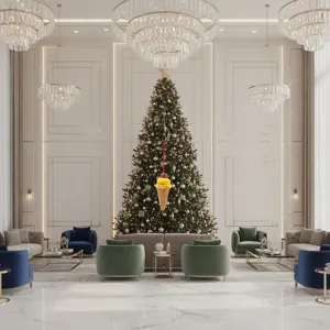 Detail shot of the mango ice cream cone Christmas tree ornament hanging in a luxury living room.