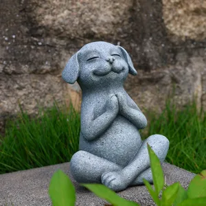 Zen dog meditation yoga statue detail, resin stone texture pet ornament for garden and home decor.