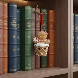 Detailed close-up of a charming resin gingerbread man Christmas hanging ornament with lollipop.