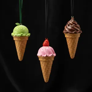 Detailed shot of resin ice cream Christmas tree ornaments, cute hanging pendants.