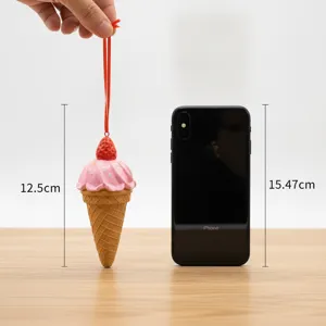Strawberry ice cream cone Christmas tree pendant, resin ornament with size display detail.