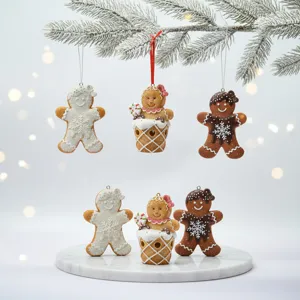 Christmas gingerbread man resin hanging ornaments and desktop display figurines set.