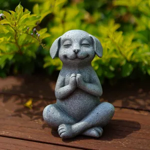 Zen meditating dog resin statue detail view, peaceful pet decor for home and garden decoration.