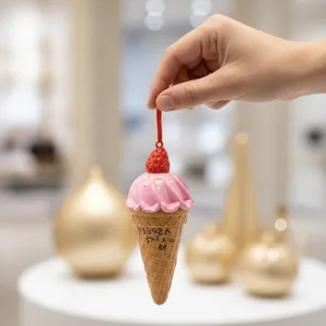 Cute strawberry ice cream cone Christmas tree ornament resin hanging holiday decor.