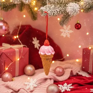 Charming Christmas strawberry ice cream cone hanging ornament for holiday tree decor.