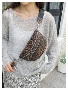Leopard print PU leather crossbody fanny pack for women, featuring dual zippers and wide strap.