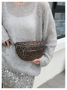 Detailed shot of trendy leopard print waist bag, stylish chest fanny pack for casual daily use.