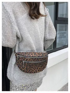 Leopard print PU waist bag detailed shot, stylish crossbody chest bag with double zippers.