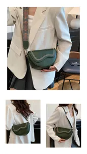 Retro dark green saddle bag with wide strap, trendy women shoulder crossbody bag for daily wear.