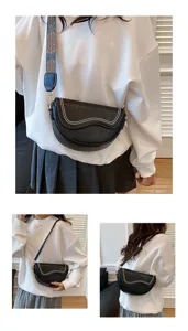 Details of black retro women saddle bag with wave studs and shoulder strap for daily style.