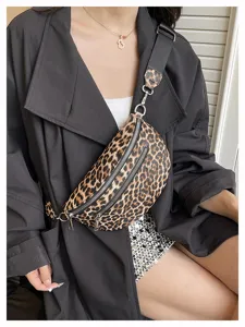 Leopard print crossbody chest bag for women, stylish PU leather casual waist bag with wide strap.