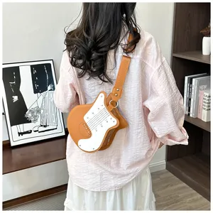 Cute guitar shaped crossbody bag with colorblock and cool rivets for women daily wear.