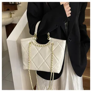 Women's white quilted tote bag with gold chain, large capacity PU leather handbag for work.