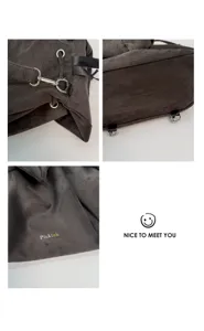 Détails du sac à dos en suédine gris foncé, quincaillerie en métal et tissu doux.