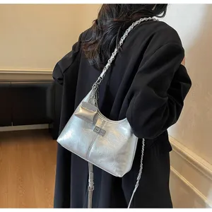 Silver metallic shoulder hobo bag for women, trendy chain strap crossbody bag with mini pouch.