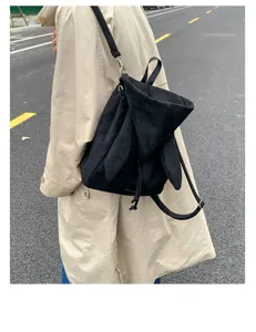 Sac à dos noir en suédine oreilles de lapin élégant mignon cordon de serrage
