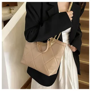 Elegant quilted tote bag with metal chain strap and top handle for women beige