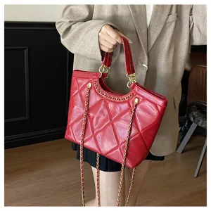 Red Quilted Tote Bag for Women Large Capacity Chain Shoulder Handbag Work Commuter Bag