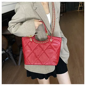 Red quilted tote bag for women with gold chain strap, stylish large capacity shoulder handbag.