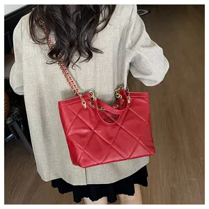 Stylish red quilted tote bag for women with chain strap, large capacity commuter handbag.