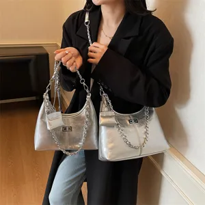 Stylish silver metallic shoulder bag for women, trendy chain underarm bag with cute mini pouch.