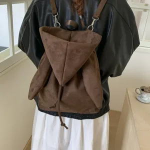 Sac à dos vintage mignon oreilles de lapin, sac décontracté en suédine marron pour femme.