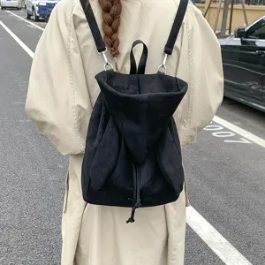 Sac à dos vintage mignon oreilles de lapin, sac décontracté en suédine noire pour femme.