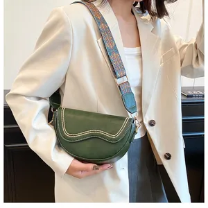 Retro green saddle bag with wide boho strap stylish crossbody shoulder handbag for women