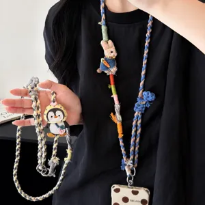 Lindo Dibujo Animado Trenzado Conejo Pingüino Cadena de Teléfono Cruzada Portátil Accesorios de Correa de Teléfono Anticaída para Mujeres