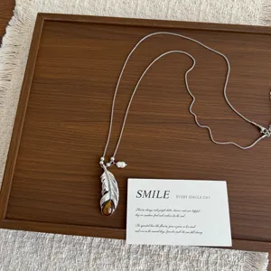 Elegante collana con ciondolo a piuma stile coreano vintage con pietra occhio di tigre.