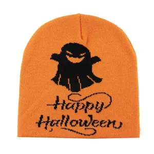 Oranger Halloween Strickbeanie mit Geist und Buchstaben Jacquard, warme Herbst Winter Mütze.