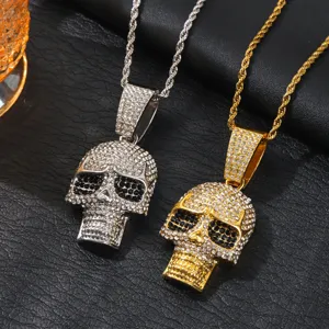 Hip hop style full rhinestone skull pendant necklace with Cuban chain for men fashion jewelry
