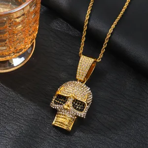 Men hip hop rhinestone skull pendant necklace detailed view showcasing gold chain item.