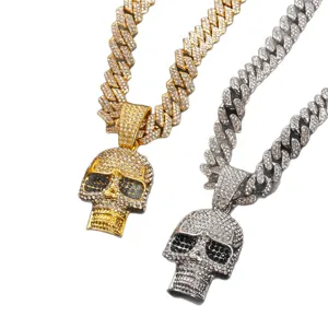 Men's Iced Out Skull Pendant Cuban Chain Necklace Hip Hop Rhinestone Jewelry Accessories
