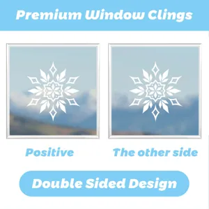 Detail view of double-sided snowflake window clings showcasing positive and reverse designs clearly.
