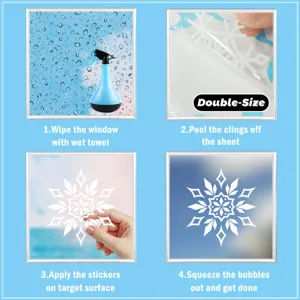 Instruction graphic detail showing step-by-step application of snowflake window stickers clearly.