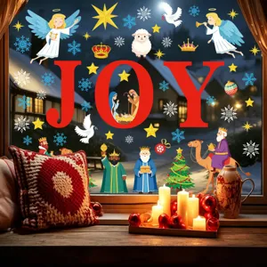 Christmas electrostatic window stickers featuring cartoon angels, doves and JOY letters for holiday decor.