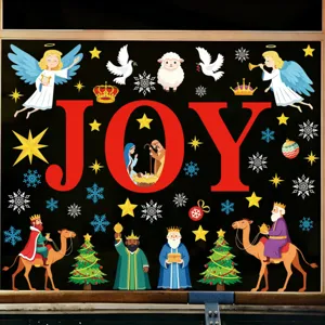 Christmas static window sticker detail showing cartoon angel and festive JOY elements.