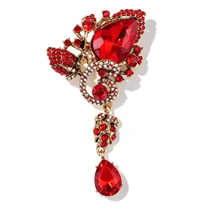 Spilla vintage con cristalli rossi strass tono oro barocco elegante gioiello moda