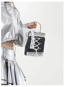 Lolita Gothic black book shaped handbag with white lace bow and metal handle for women.