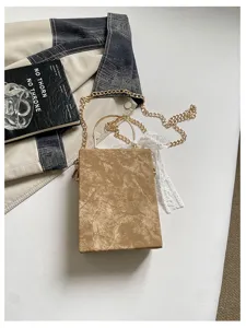 Lolita style box shoulder bag with chic lace ribbon, gold chain and marble texture design.