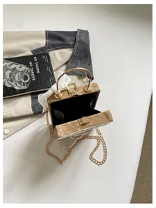 Cute princess style lolita box handbag with lace trim, metal handle and chain strap.