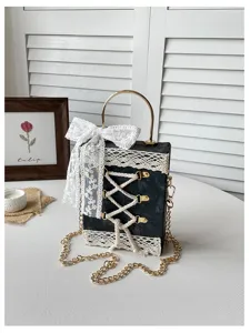 Cute Lolita book shaped handbag with white lace bow and chain strap, vintage black bag.