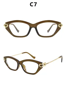 Gedetailleerd overzicht van trendy bruine cat-eye bril met elegante gouden metalen veren.