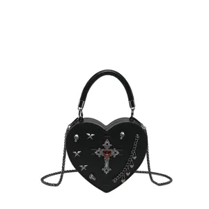 Goth Punk Herz Kreuz Umhängetasche Y2K Totenkopf Kette Handtasche für Damen schwarz