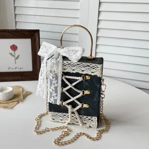 Lolita Style Lace Box Bag Cute Princess PU Leather Crossbody Bag With Bow Ribbon Metal Handle Chain Strap Daily Handbag