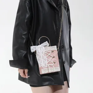 Cute Lolita Style Pink Book Shape Crossbody Bag with White Lace Bow and Chain Strap