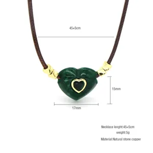 Natural stone heart wax cord necklace with green crystal heart pendant 45+5cm length