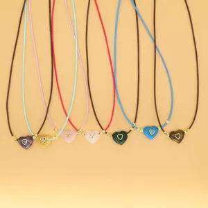 Colorful crystal heart pendant wax cord necklace with natural stone details for fashion style