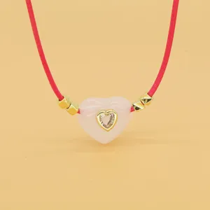 Pink heart natural stone necklace with cute rhinestone crystal pendant and wax cord.